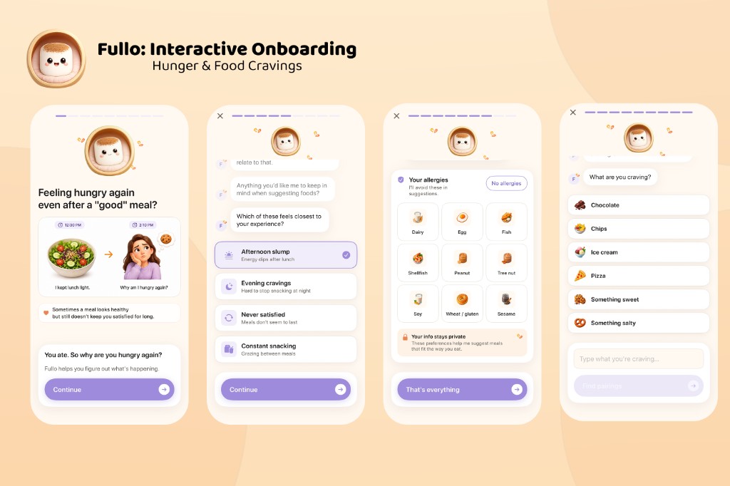 Interactive onboarding — Fullo helps you figure out why you’re hungry again
