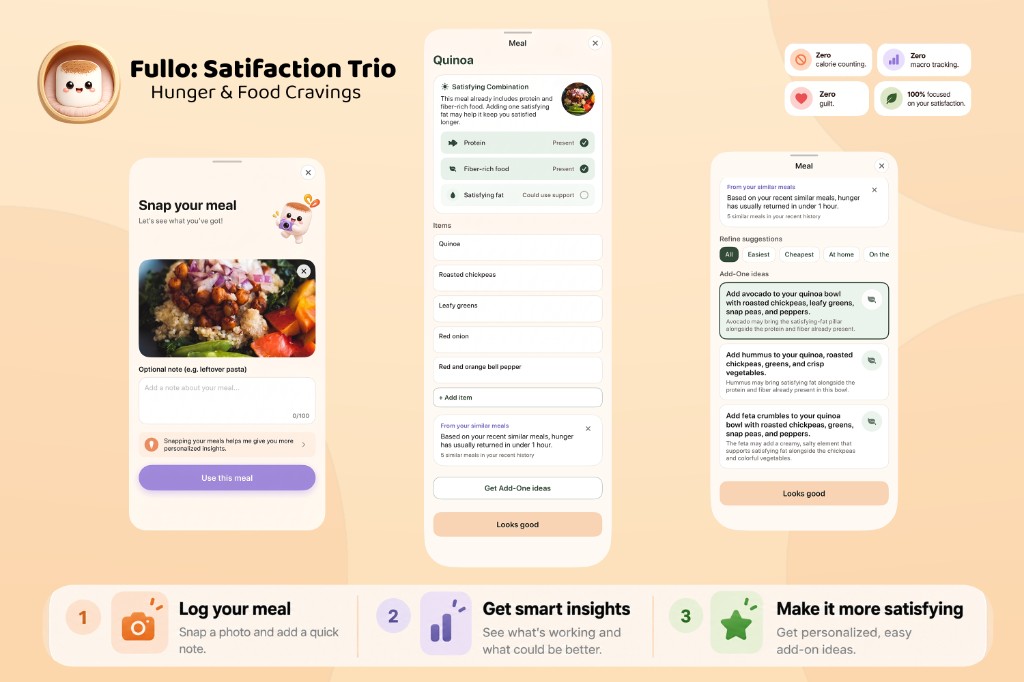 Satisfaction Trio — snap a meal, see protein fiber and fat, get add-on ideas