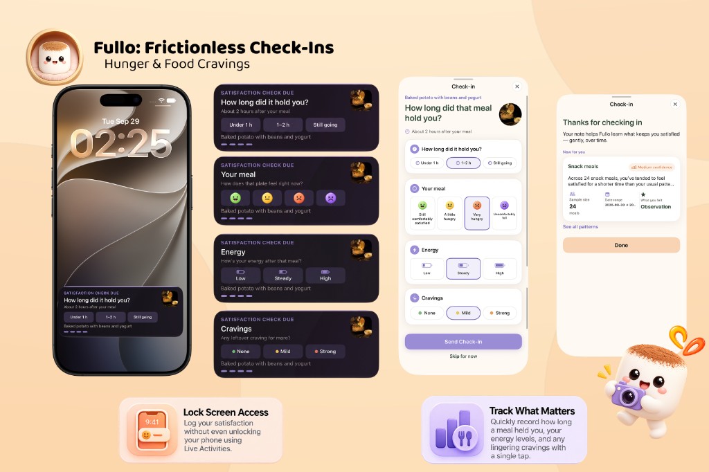 Frictionless check-ins — log how long a meal held you from the Lock Screen